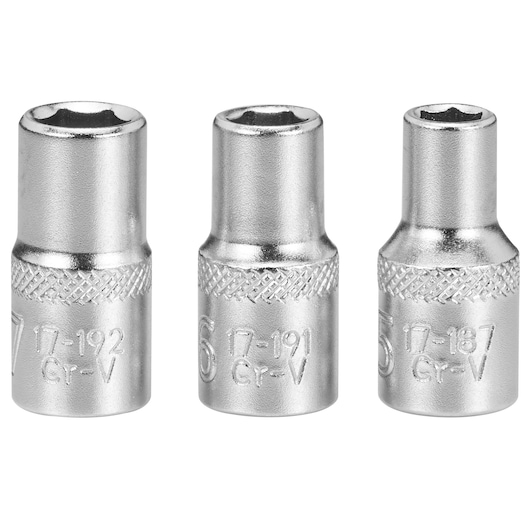 Three metal socket wrench pieces in different sizes, shown upright and close together on a white background.