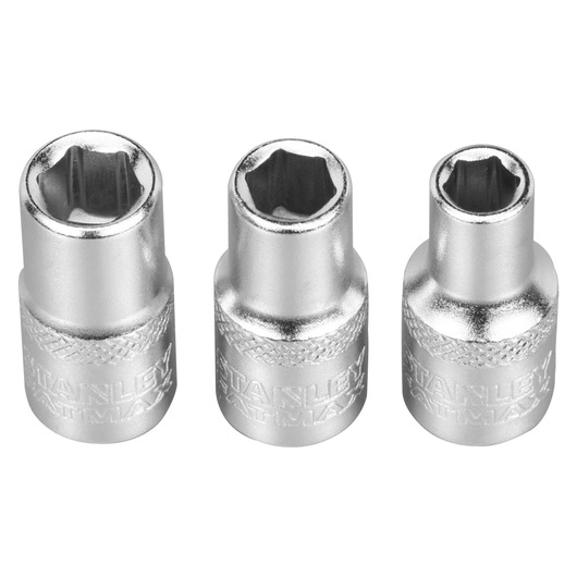 Three STANLEY socket wrench heads in a row, metal finish, engraved with STANLEY FATMAX branding.