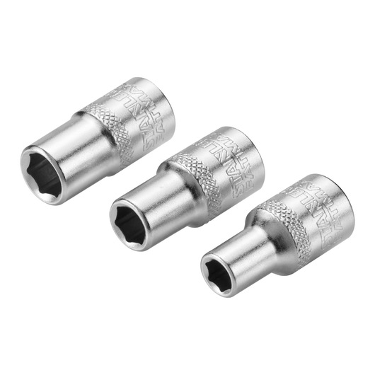 Three silver Stanley socket wrenches with knurled grip, shown side by side on a white background.