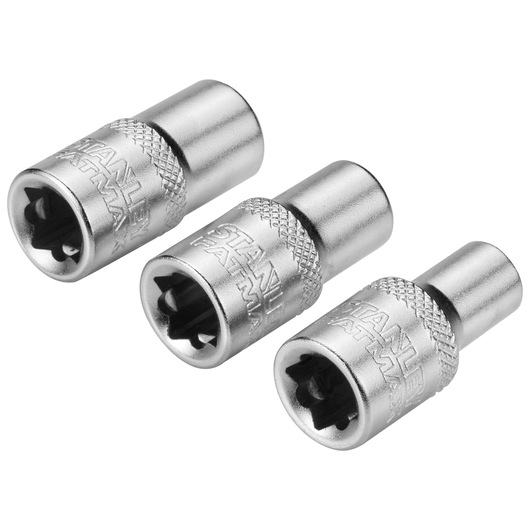 Three metallic STANLEY socket bits with internal star-shaped patterns, used for fastening or loosening bolts.