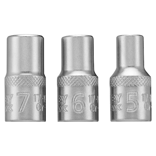 Three STANLEY chrome socket set pieces, sizes 7mm, 6mm, and 5mm, aligned upright side by side.