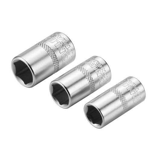 Three STANLEY chrome socket wrench attachments are shown side by side on a white background.