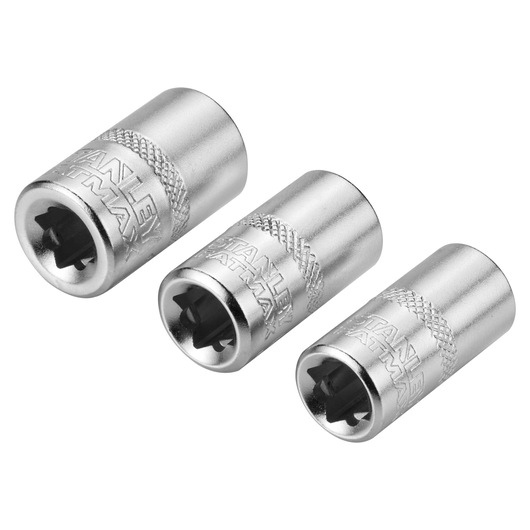 Three silver Stanley socket bits for tools, shown in different sizes, with knurled grips and engraved branding.