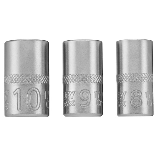 Three silver STANLEY sockets of different sizes, labeled 10, 9, and 8. Cylindrical, metal with engraved markings.