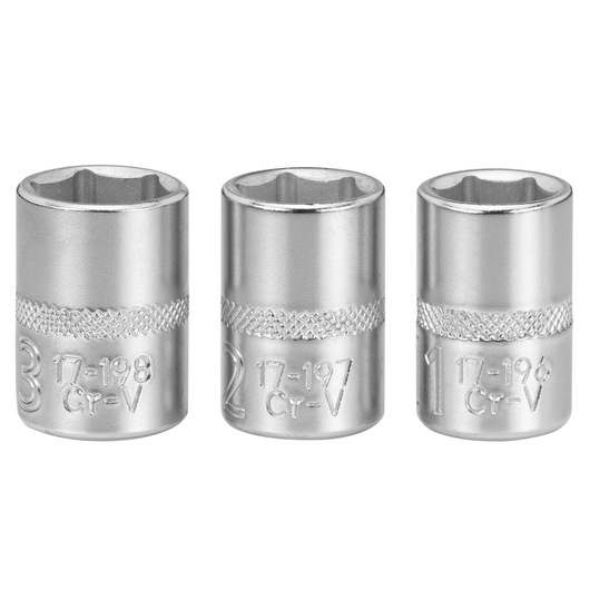 Three chrome socket wrenches with embossed numbers and text, displayed upright side by side.