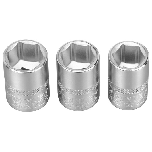 Three STANLEY socket wrenches in silver, embossed with the brand name, shown side by side on a white background.