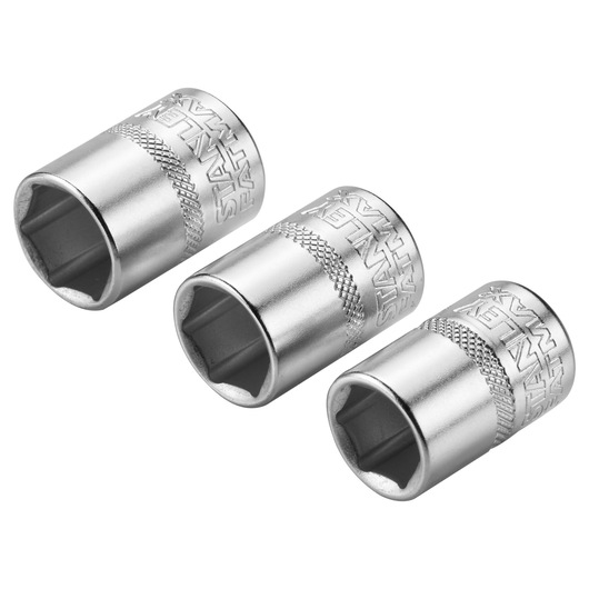 Three Stanley metal socket wrench pieces with knurled grip and embossed brand logo, shown against white background.