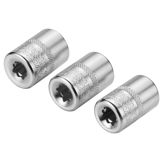 Three STANLEY FATMAX silver socket adapters for tools, shown side by side on a white background.