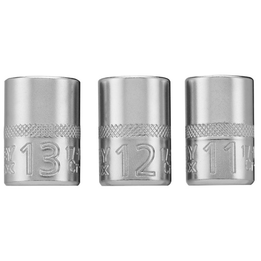 Three metal Stanley socket tools in sizes 13, 12, and 11 mm, used for turning bolts and nuts.