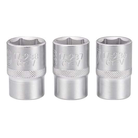 Three silver STANLEY sockets of different sizes, with knurled grip and engraved size markings.