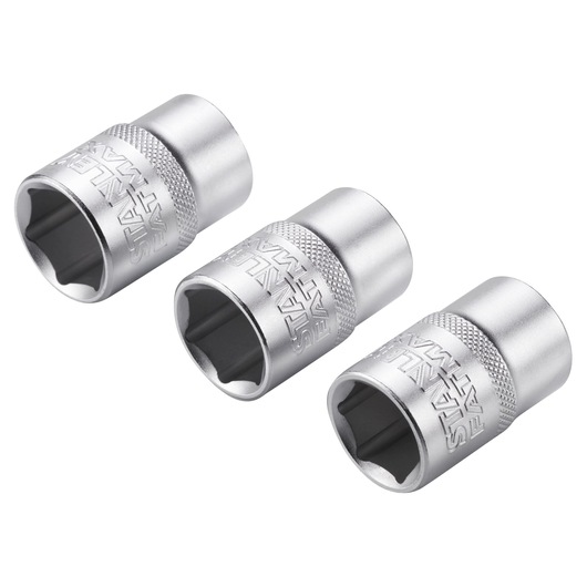 Three silver STANLEY socket wrenches arranged diagonally on a white background.
