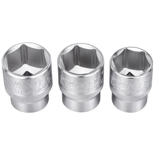 Three silver Stanley FatMax socket wrench heads arranged side by side against a white background.