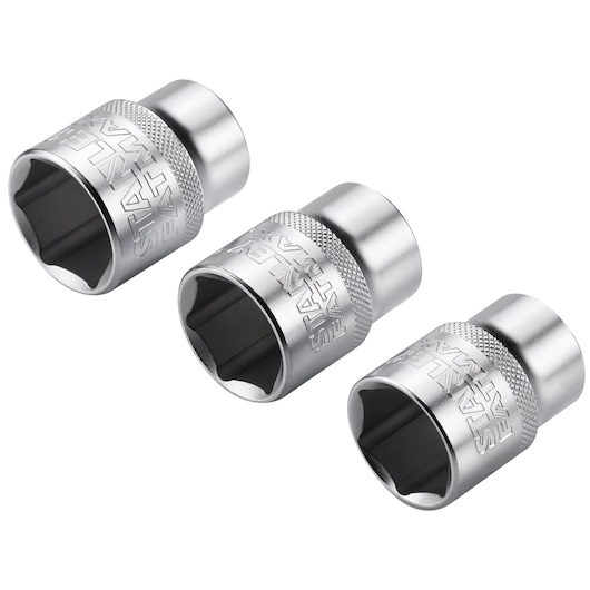 Three STANLEY FatMax metal sockets for wrenches, silver finish, angled view.