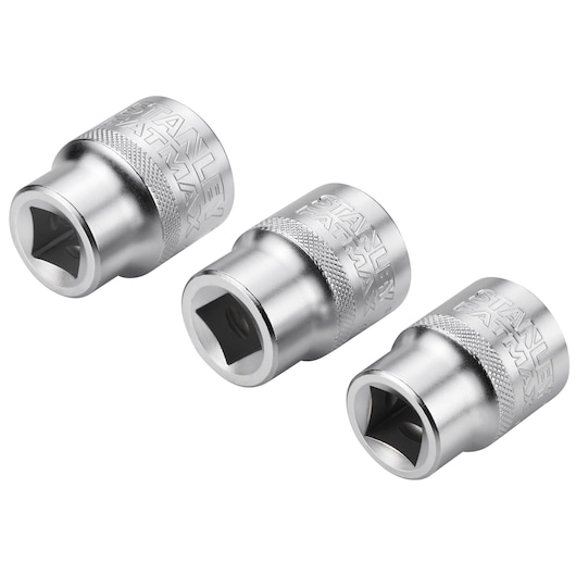 Three silver STANLEY FATMAX socket wrench adapters for tools, shown on a white background.