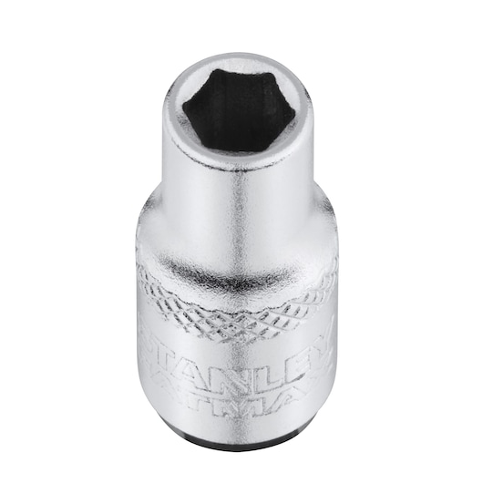 STANLEY FMMT17190-0 chrome socket, top view, shows knurled grip and hex opening, white background.