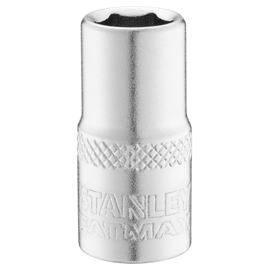 STANLEY FMMT17192-0 chrome socket, knurled grip, photography of tool, front angle on white background.
