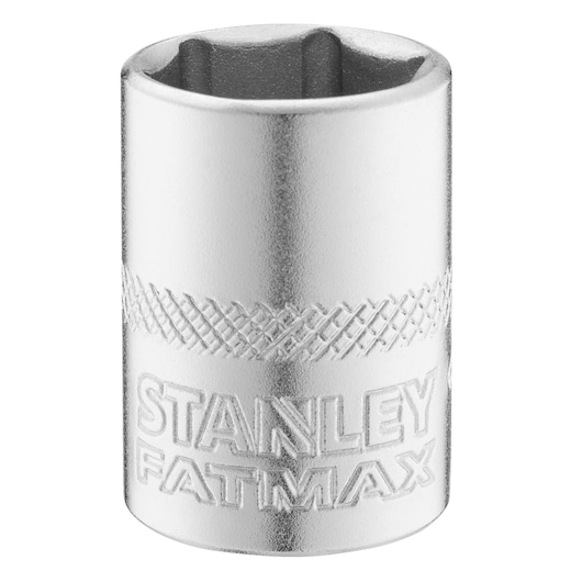 STANLEY FMMT17198-0 chrome socket, cylindrical hand tool with knurled grip, front angle on white background.