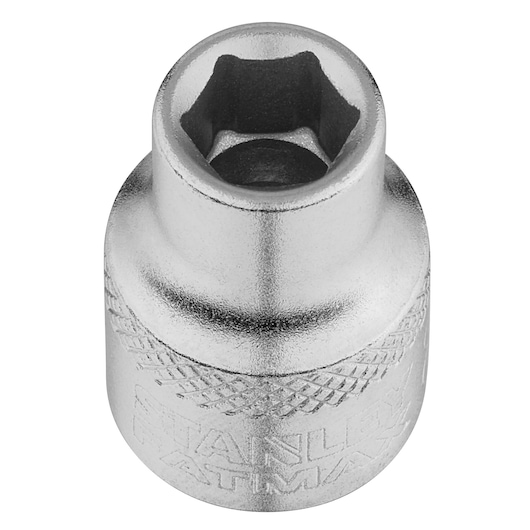 STANLEY FMMT17208-0 chrome socket, top angle, compact design with knurled grip, white background.
