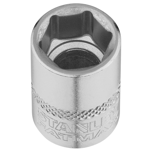 STANLEY FMMT17212-0 chrome socket, hex, compact, engraved branding, photography with top angle on white background.
