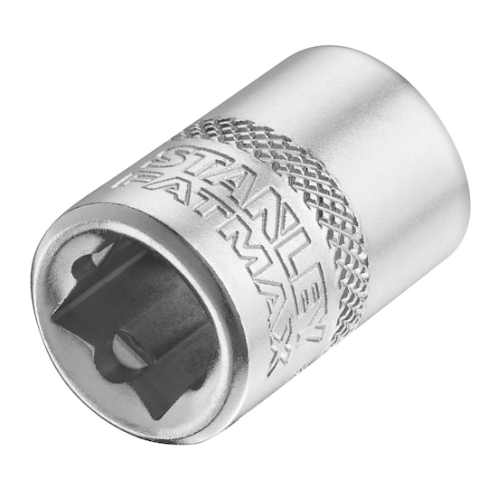 STANLEY FMMT17212-0 chrome socket, knurled grip, FatMax branding, product photography on white background.