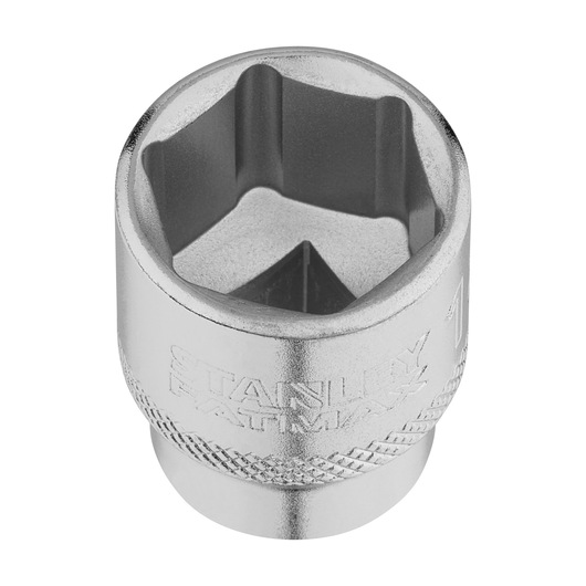 STANLEY FMMT17218-0 chrome socket, close-up angle, showing knurled grip and etched branding.