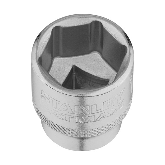 Photo of STANLEY FMMT17219-0 socket, silver finish, engraved branding, front angle, tool accessory.