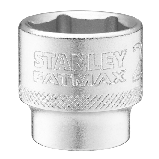 Photo of STANLEY FMMT17222-0 chrome socket, knurled grip, photographed from front on white background.