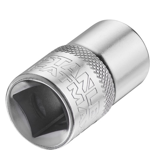 STANLEY FMMT17234-0 chrome socket, close-up angled view, knurled grip and engraved logo visible.