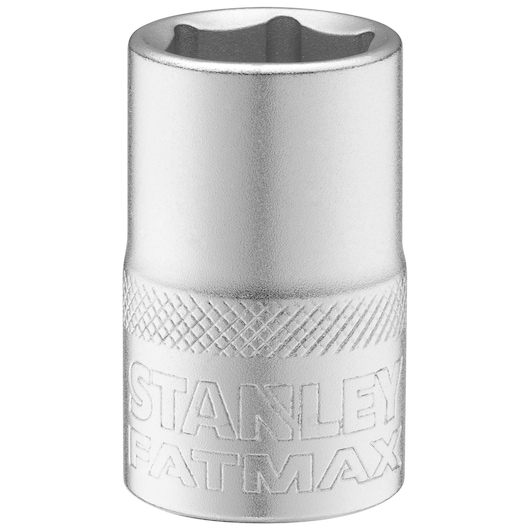 STANLEY FMMT17235-0 chrome socket, embossed logo, photography of tool with knurled grip, front angle view.