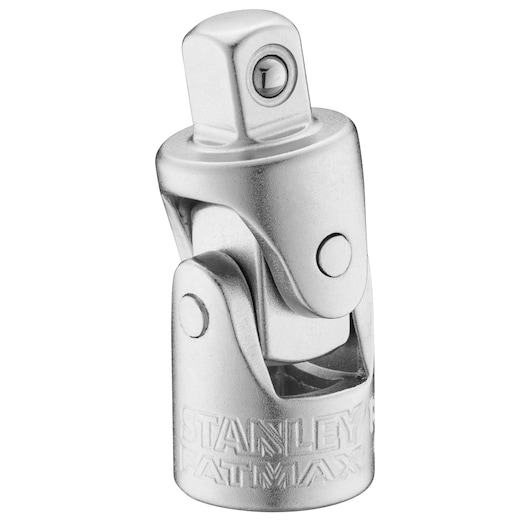 Photo of STANLEY FMMT18008-0 universal joint socket adapter, silver finish, photographed from front on white background.