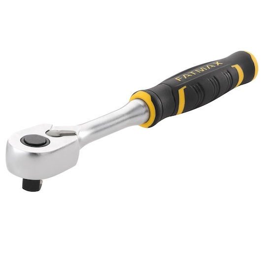 STANLEY FMMT82677-0 ratchet wrench with black and yellow ergonomic handle, side view on white background.