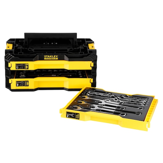Stanley Fatmax stackable yellow and black toolboxes with organized wrench set tray pulled out.