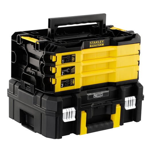 Stanley Fatmax Pro-Stack yellow and black modular toolbox with drawers and handle.