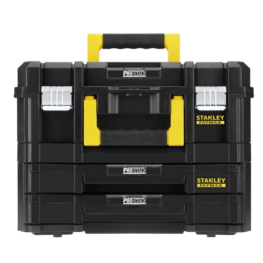STANLEY FMST1-71981 black and yellow PRO-STACK FATMAX tool box with two drawers, front view.