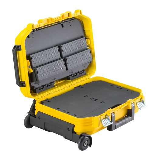 Open yellow STANLEY hard case with black interior, wheels, and compartments for storing photography equipment.