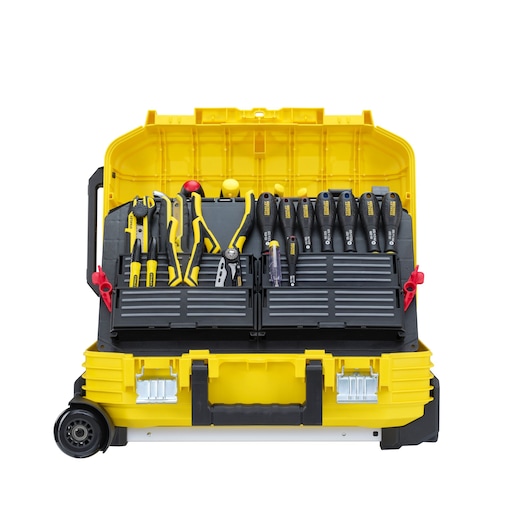 STANLEY FMST1-75530 yellow tool box open front view with organized hand tools in compartments.