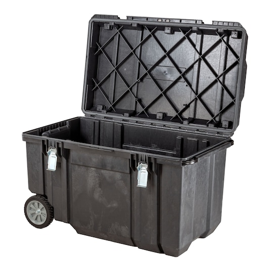 STANLEY FMST1-75531 black wheeled tool chest with open lid, metal latches, front angle on white background.