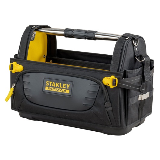 STANLEY FMST1-80146 black and yellow open tool bag with metal handle, front zip pocket, side straps, and hard base, angled view.