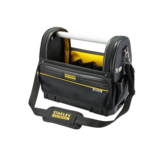 STANLEY FMST17626-1 black and yellow open tool bag with shoulder strap, metal handle, and front pockets, front angle.