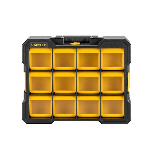 STANLEY FMST81077-1 organizer with sixteen yellow compartments, black case, front angle on white background.