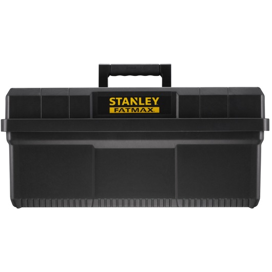 Stanley FatMax black toolbox with handle, shown closed, durable design for storing tools.