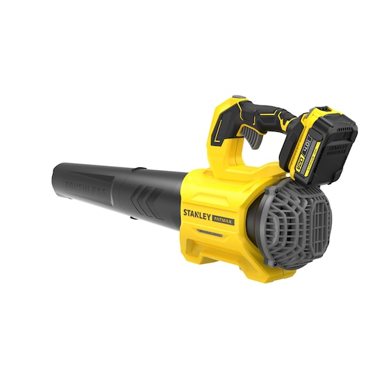 STANLEY SFMCBL730M1 cordless blower, yellow and black, front angle on white background.