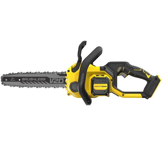 STANLEY SFMCCS730B chainsaw, V20 brushless, yellow and black body, side view on white background.