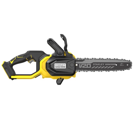Photo of STANLEY SFMCCS730B chainsaw, black and yellow, side angle, V20 Fatmax series.