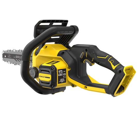 STANLEY SFMCCS730B cordless chainsaw yellow and black, side angle, showing handle and blade.