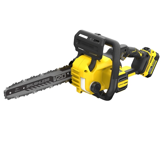 STANLEY SFMCCS730M1 cordless chainsaw, yellow and black, side angle on white background.