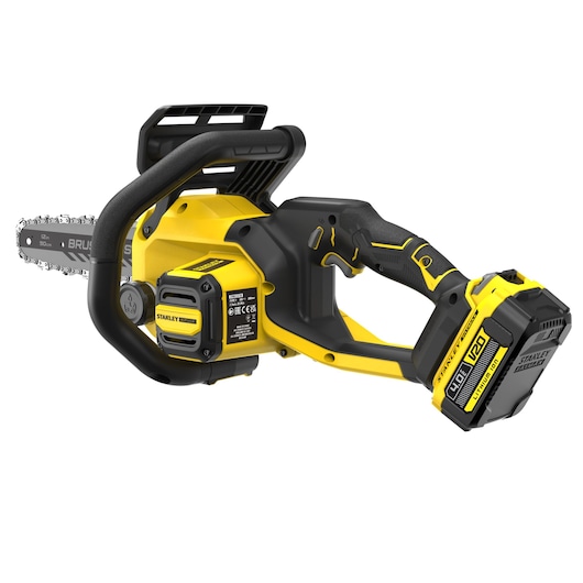 Photo of STANLEY SFMCCS730M1 cordless chainsaw, yellow and black, side angle on white background.