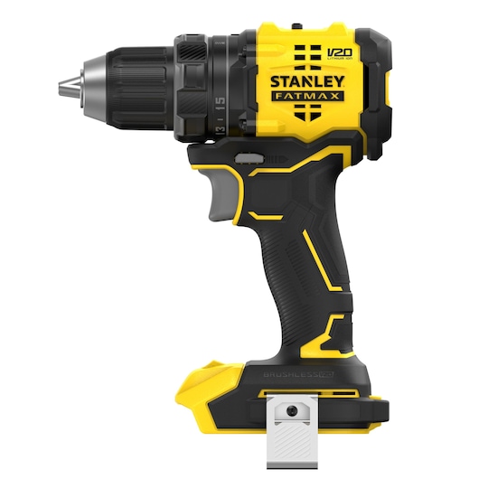 STANLEY SFMCD714B-XJ cordless drill, black and yellow, side view with brushless motor and metal belt clip.