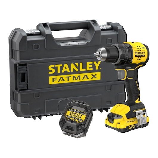 STANLEY SFMCD714D1T V20 cordless drill set with black case and charger, front angle on white background.