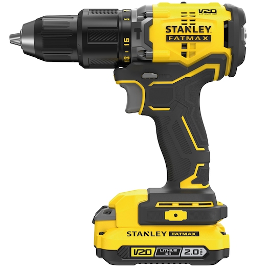 STANLEY SFMCD715D1K cordless drill, yellow and black, side view, photography product category